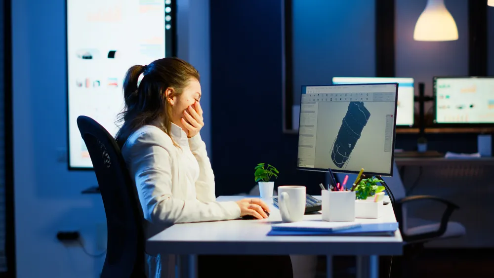 Mujer trabajando en computadora de noche