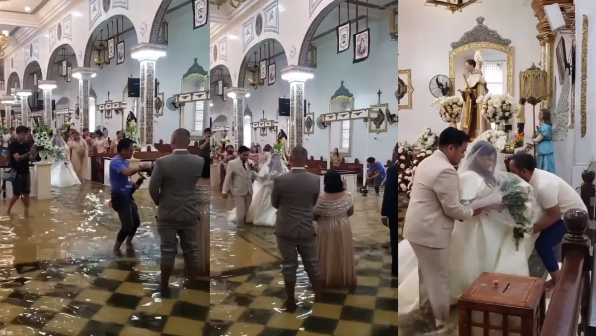Pareja se casa en pleno tifón y con la iglesia inundada en Filipinas
