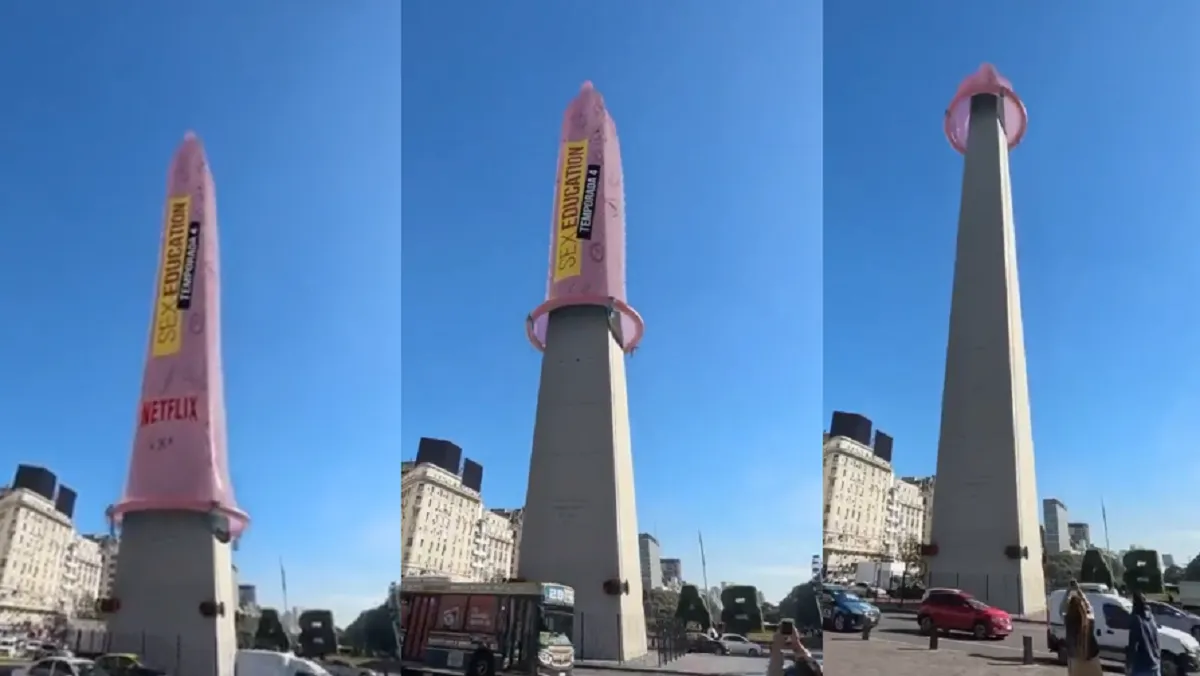 Un preservativo gigante en el Obelisco de Buenos Aires así anunció Netflix la nueva temporada de Sex Education